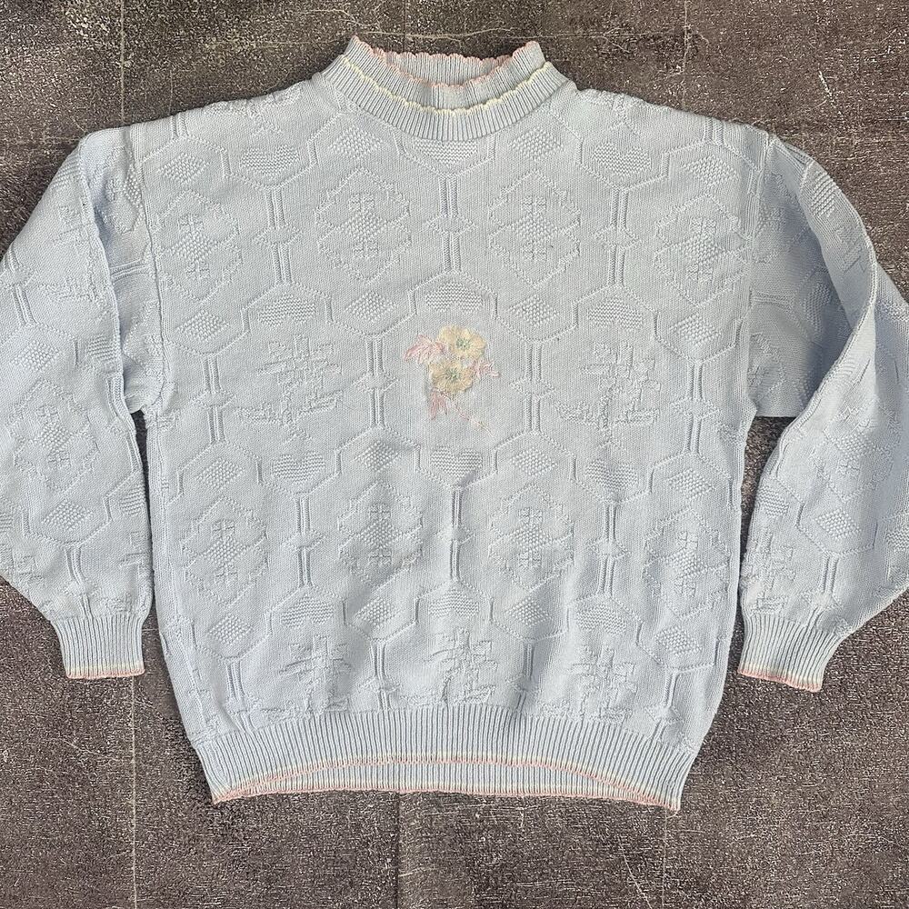 Women's Vintage 80's Isle of Cotton USA Powder Blue Floral Pullover Sweater Sz L